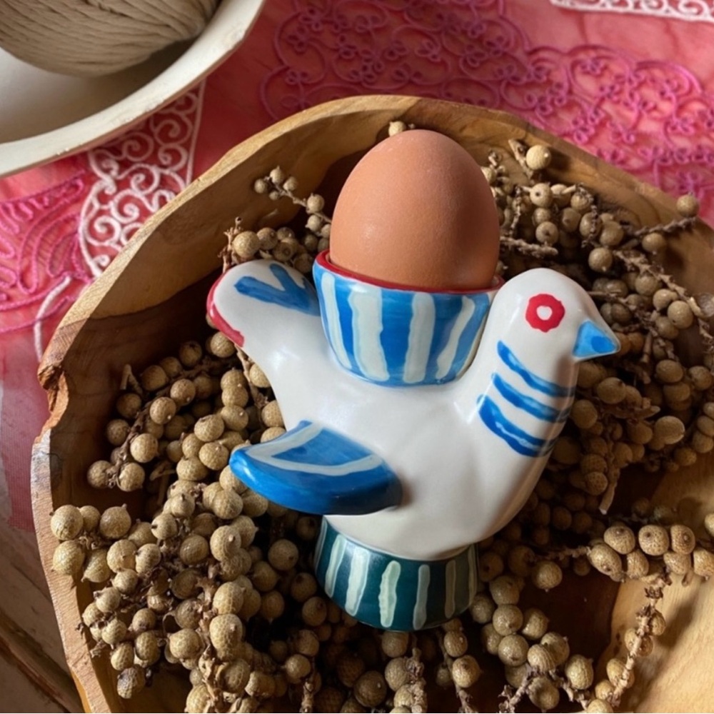 Anthropologie Blue and White Ceramic Bird Egg Holder